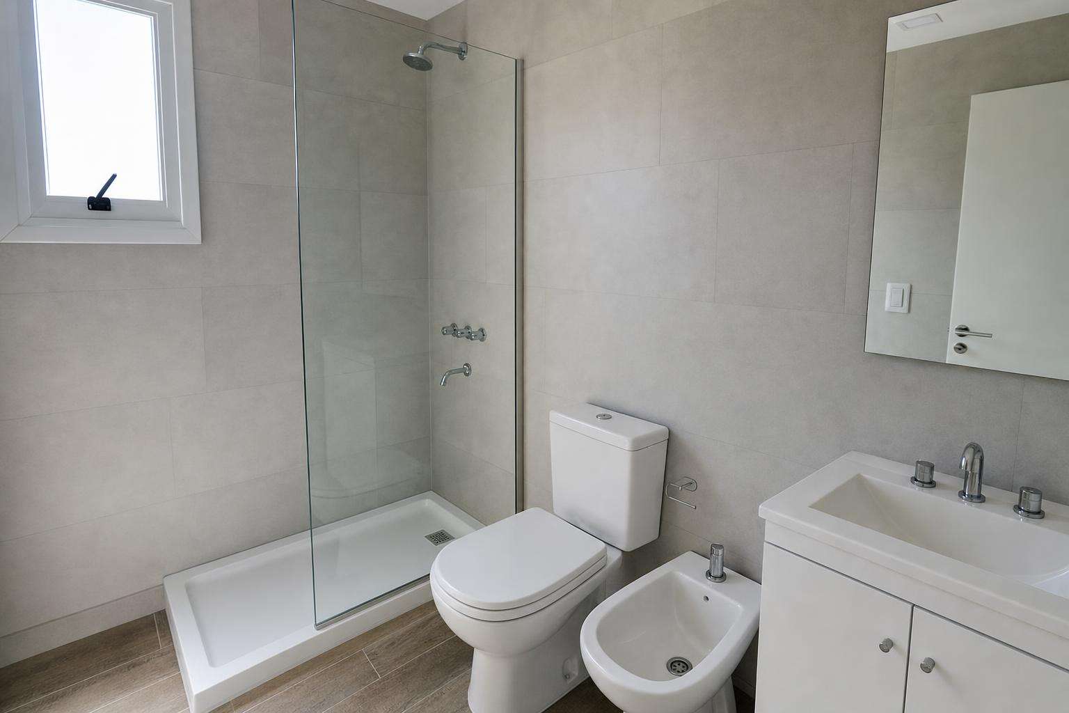Baño remodelado con receptáculo, mampara, inodoro y bidet: remodelación de baño en La Plata
